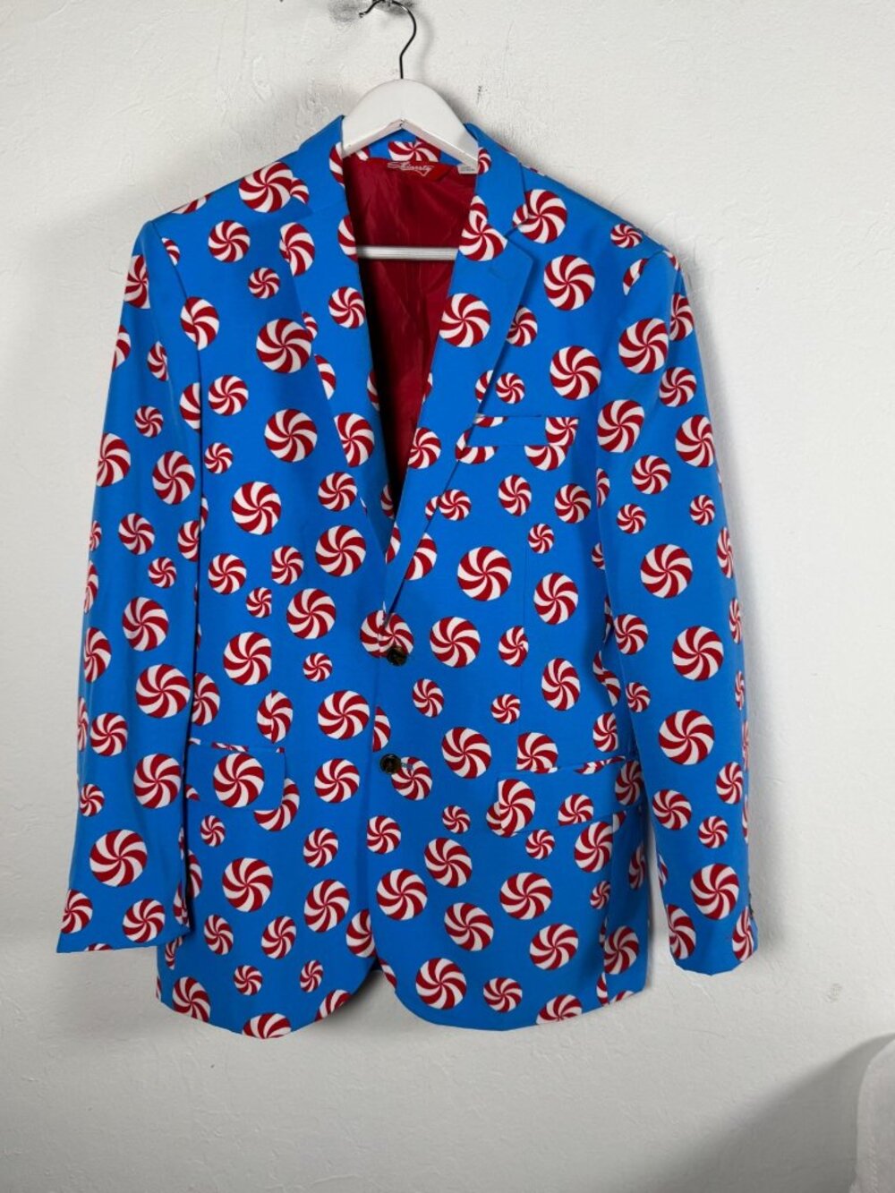 Shinesty Mens Peppermint Candy Blazer Blue Red Novelty Christmas Suit Jacket 42
